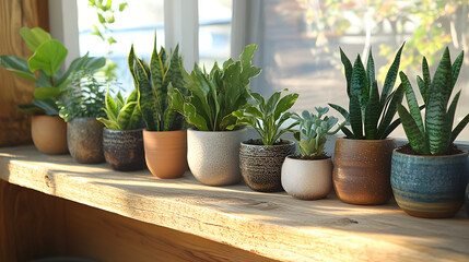 Fototapeta premium A collection of potted plants displayed on a wooden shelf in cozy natural light. House plant appreciation day concept