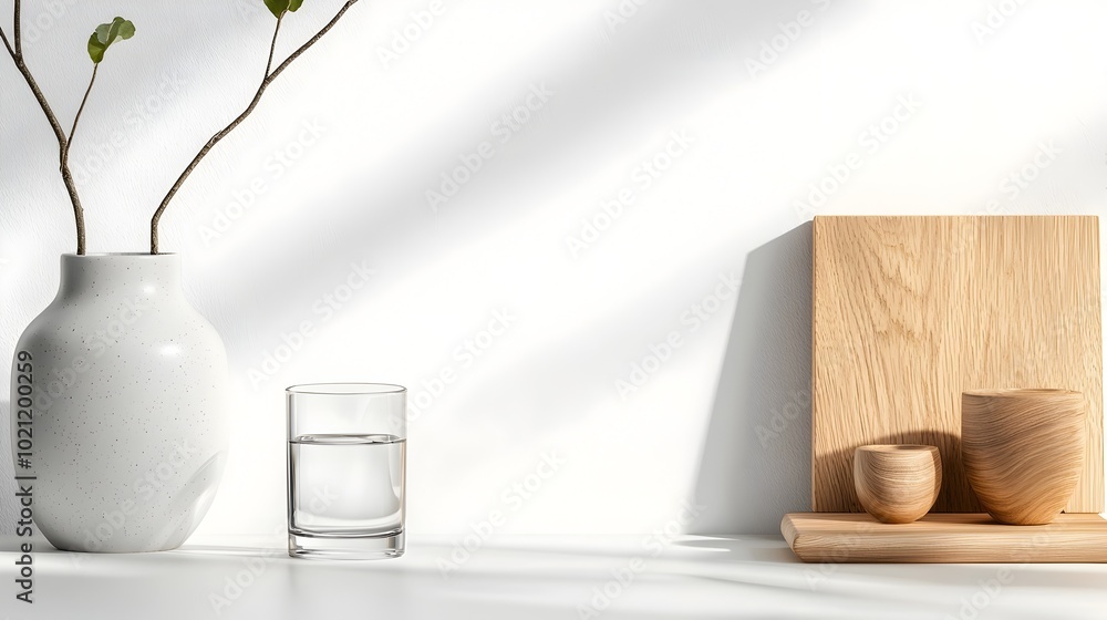 Poster meticulously arranged still life of minimalist 3d household objects including a modern ceramic vase 