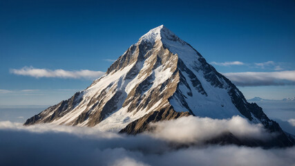 Majestic snow-covered mountain peak shrouded in ethereal clouds at sunrise with blue sky background.