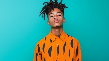 Portrait of a young man with dreadlocks wearing an orange patterned shirt