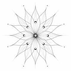 A symmetrical geometric design resembling a flower with intricate lines and circular accents.