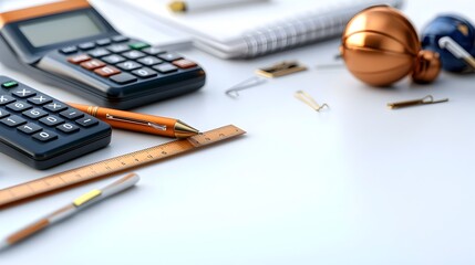 Neatly arranged 3D business accessories including pen pencil ruler calculator and paperclips displayed on a bright white background
