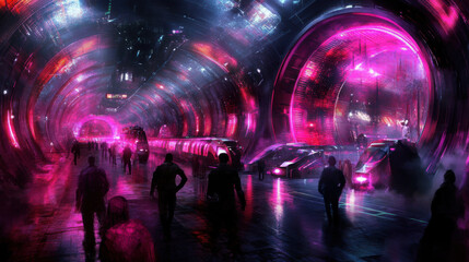 Futuristic train station with vibrant neon lights and advanced infrastructure