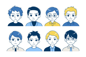 父親のアイコンイラストセット　バストアップ　怒る　ブルー、イエロー