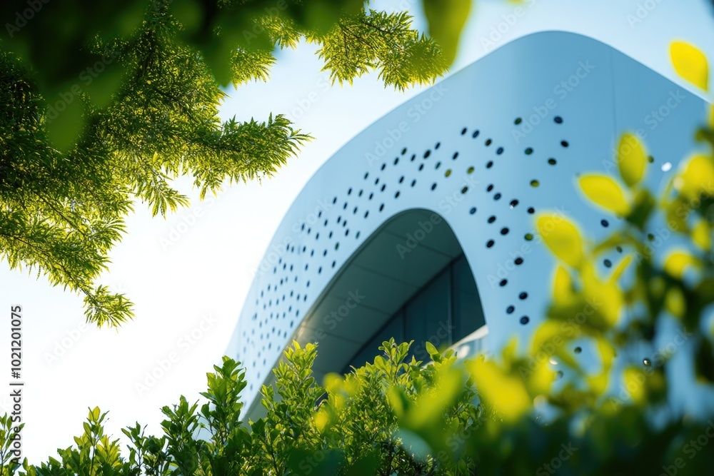 Poster a photograph of a building partially hidden by trees, great for use in architecture, real estate or 