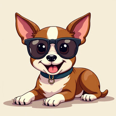 Obraz premium Cute American Staffordshire Terrier Puppy Laying Down Smiling and Wearing Sunglasses Cartoon Illustration