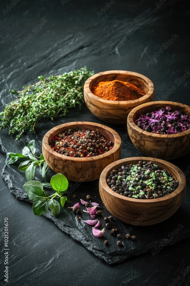 Sticker Four wooden bowls filled with various spices