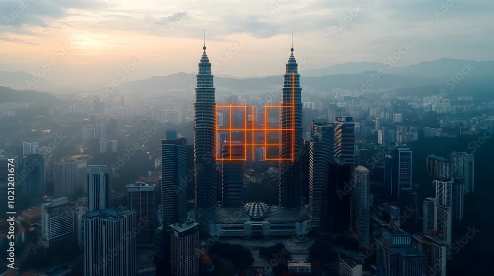 Fototapete captivating aerial perspective of kuala lumpur s futuristic skyline featuring a mesmerizing neon inf