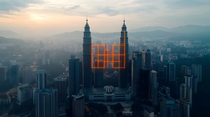 Obraz premium Captivating aerial perspective of Kuala Lumpur s futuristic skyline featuring a mesmerizing neon infused grid and a retro sci fi aesthetic creating a striking and visually compelling cityscape