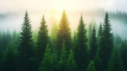 Tall Evergreen Trees Standing Amidst a Misty Forest at Dawn with Sun Rays Shining Through the Fog