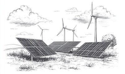 Illustration of a Renewable Energy Landscape with Wind Turbines and Solar Panels