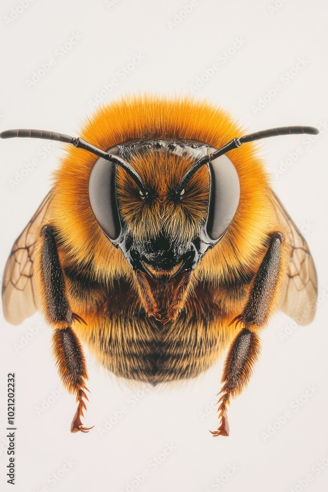 Poster a close-up view of a single bee sitting on a clean white surface