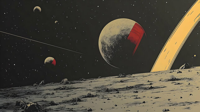 A Detailed Illustration Depicting a Rocky Extraterrestrial Landscape with a Large Planet and a Ring System in the Distance