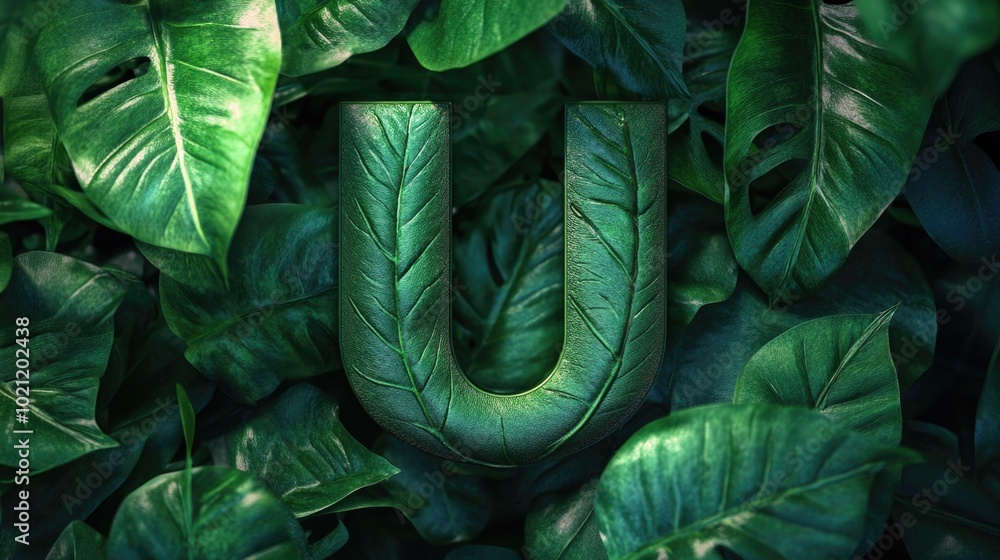 Poster a creative representation of the letter u made from green leaves, suitable for use in educational ma