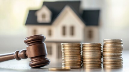 A gavel beside stacks of coins and a model house, symbolizing real estate and finance.