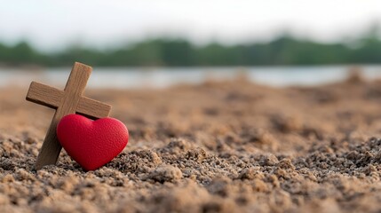 Red heart resting beside a wooden Christian cross on a gravel floor with the beach and sea beyond representing the promise of salvation and the love of Jesus in the morning light