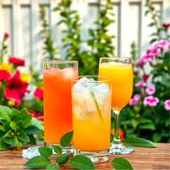 cocktails or mocktails cold drinks classic summer refreshing long drink in highballs with berries lime herbs and ice on gray bar counter background, Lemon juice glass and lime fruit.