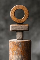 A wooden object with a ring on top used as a door knocker, simple and functional design