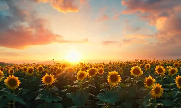 A vibrant field of sunflowers at sunrise, showcasing nature's beauty and tranquility.