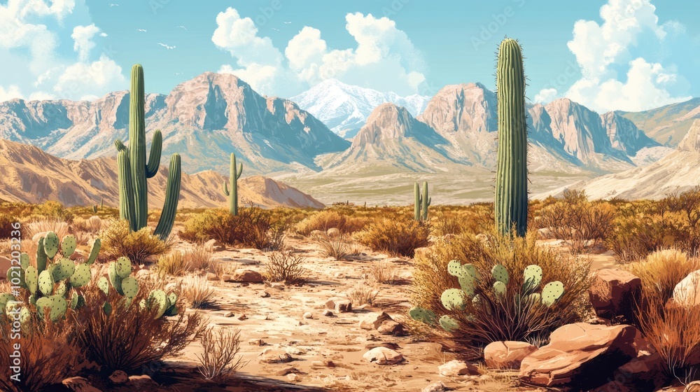 Poster a scenic view of the desert with tall cacti and distant mountains, suitable for use in travel or adv