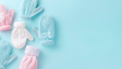 3D Soft watercolor winter mittens, minimal details, in light pastel colors, arranged on a soft blue background christmas card