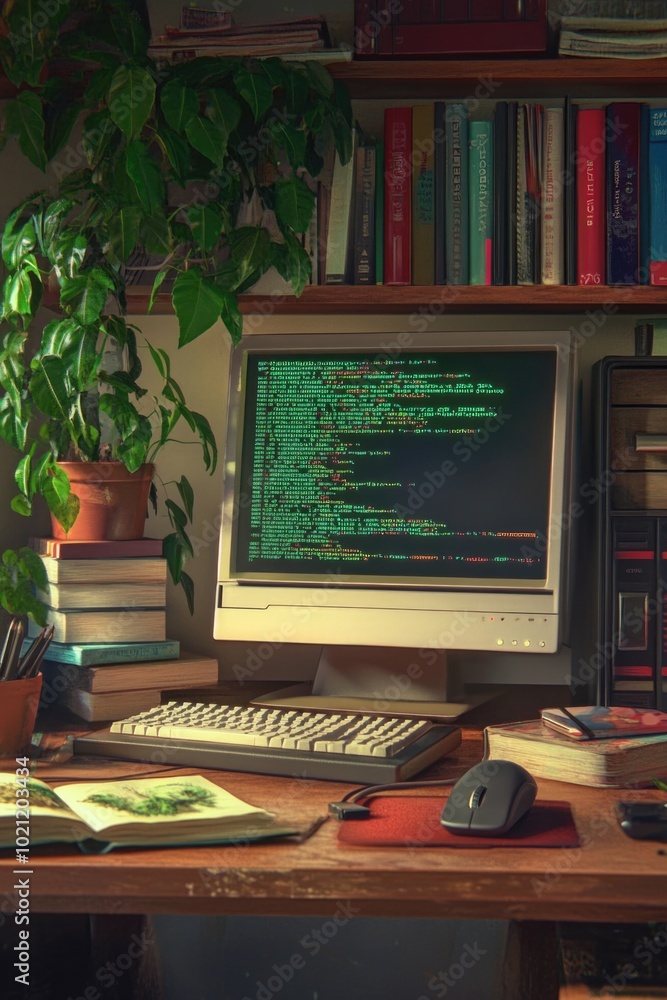Poster a computer monitor sits on top of a wooden desk, ideal for an office or study setting