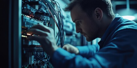 A person works on a computer in a server room, providing technical support and maintenance