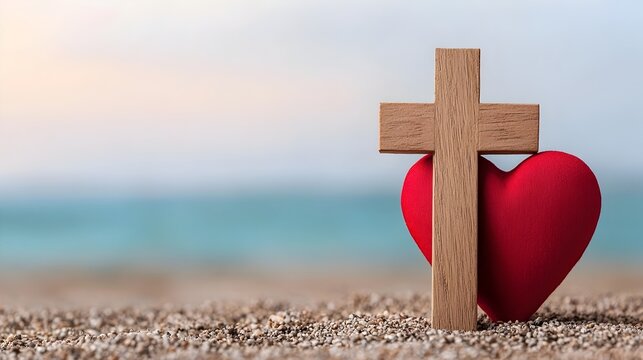 Wooden Christian cross and red heart symbolizing divine love and spiritual redemption sit on a gravel covered ground