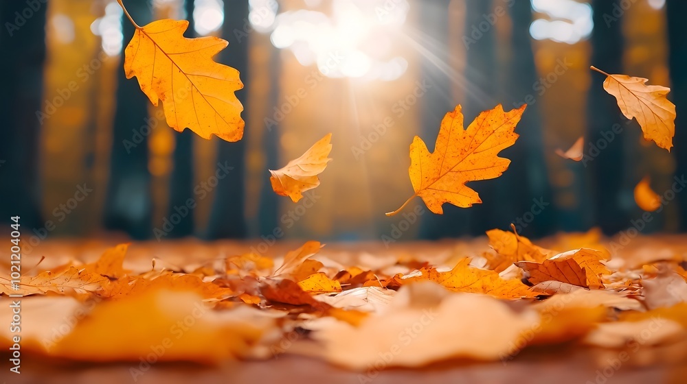 Poster enchanting autumn forest scene with golden leaves gently falling and sunlight streaming through the 
