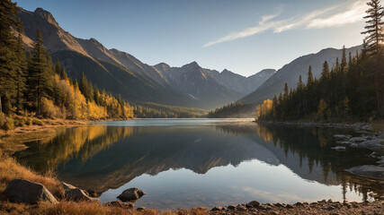 Serene mountain lake at sunrise with autumn trees and misty mountains reflecting in calm waters.