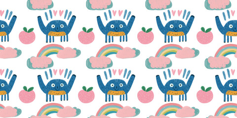 colorful charcoal doodle seamless pattern featuring happy blue creatures, pink apples, rainbows, and hearts
