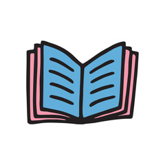 Doodle book icon handdrawn with ink pen. Knowledge and education symbol painted in grunge freehand style. PNG isolated on transparent background and vector illustration