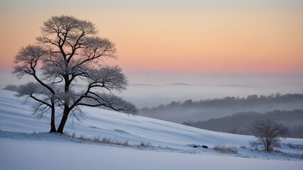 A solitary tree stands in a snow-covered field under a colorful sunrise sky in winter landscape scenery.
