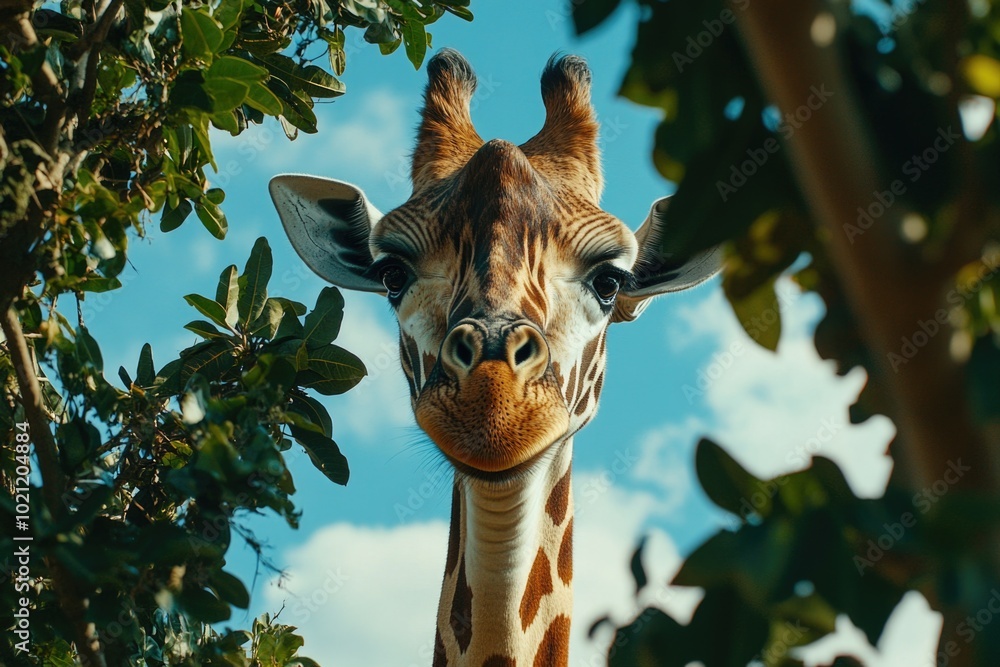Poster a close-up shot of a giraffe looking directly at the camera