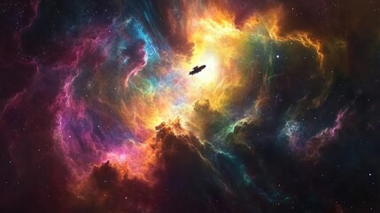 Obraz premium A lone spaceship ventures through a vibrant cosmic nebula, with swirling colors of orange, purple, and blue.