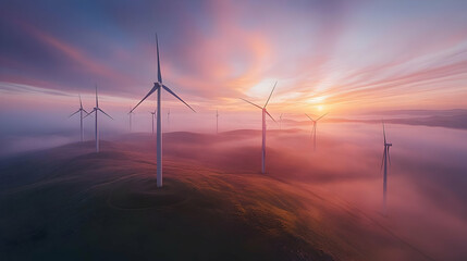 Obraz premium Wind Turbines Spin in the Mist at Sunset, Capturing Renewable Energy in the Landscape