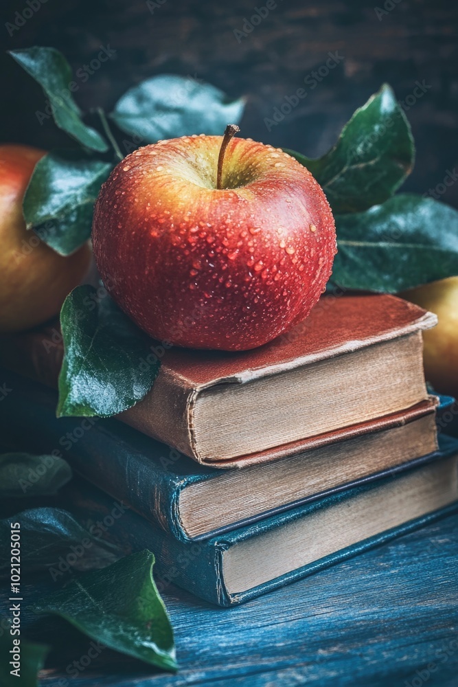 Aufkleber A single apple sits on top of a stack of books, great for use as a symbol or metaphor in your design