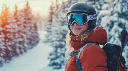 A skier in a snowy landscape smiles, ready for winter sports adventure.