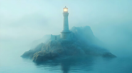 Fototapeta premium Lighthouse on a Foggy Island 3D Illustration