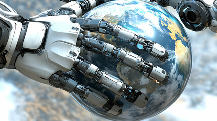 A Metallic Robotic Hand Gently Holding a Detailed 3D Earth Globe,  Creating a Futuristic and Conceptual Illustration