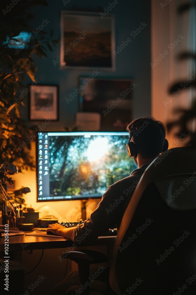 Poster a person sitting at a desk with a computer, possibly working from home or studying