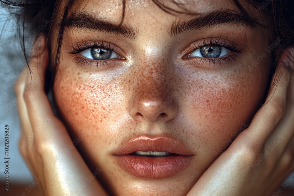 Wall mural A close-up shot of a woman's face featuring prominent freckles