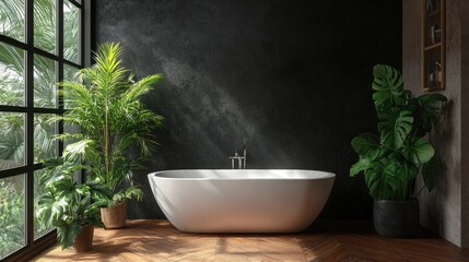 A white bathtub in a modern bathroom. This image is ideal for showcasing bathroom products or interior design concepts.