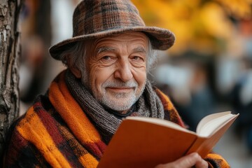 A senior man draped in a cozy plaid jacket enjoys a book outdoors, surrounded by falling leaves and vibrant autumn colors, embodying relaxation and wisdom in nature.