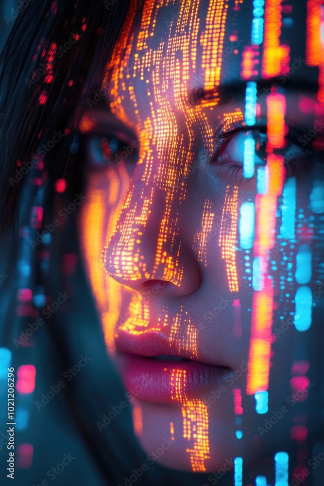 Poster close-up of a woman's face with a digital pattern applied to her skin, suitable for technology or fu