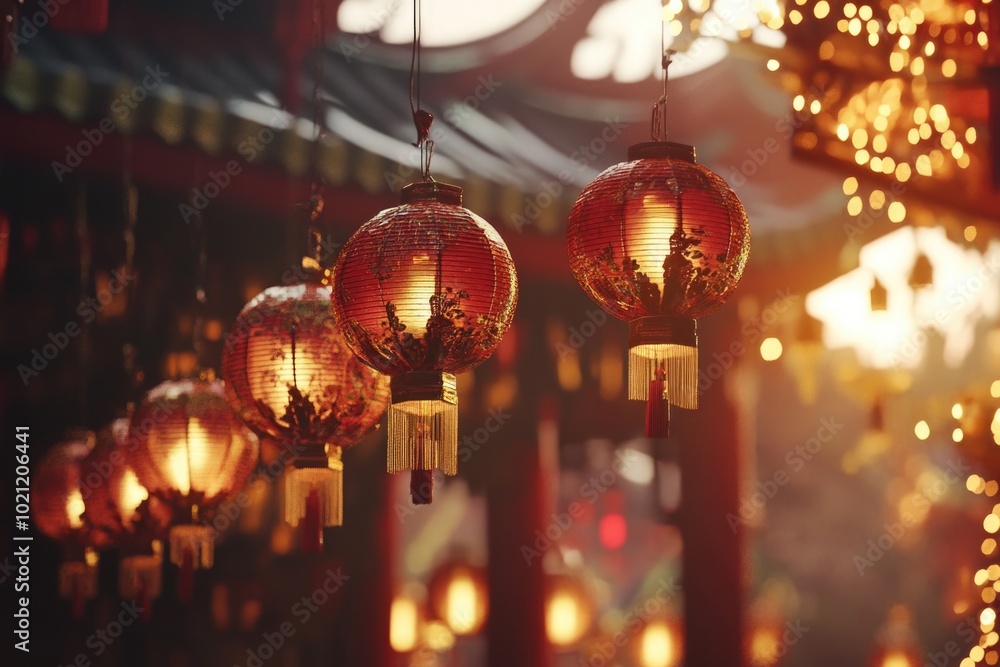 Poster a bunch of red lanterns hanging from a ceiling, ideal for use in decorative or festive settings