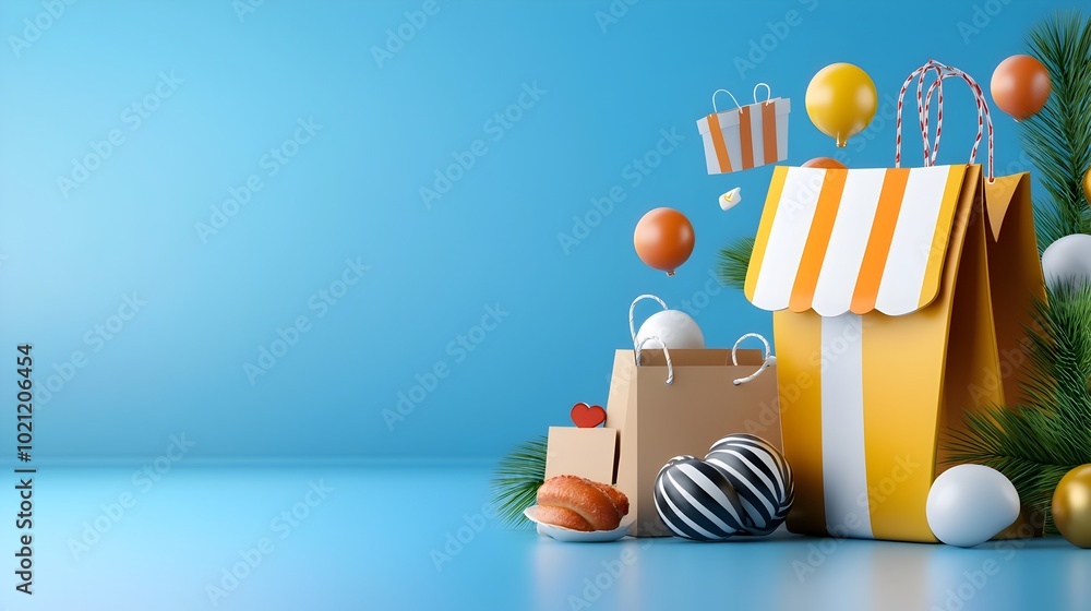 Poster Conceptual 3D image showcasing a futuristic digital retail experience with floating e commerce icons minimalist UI elements and vibrant gradient backdrops
