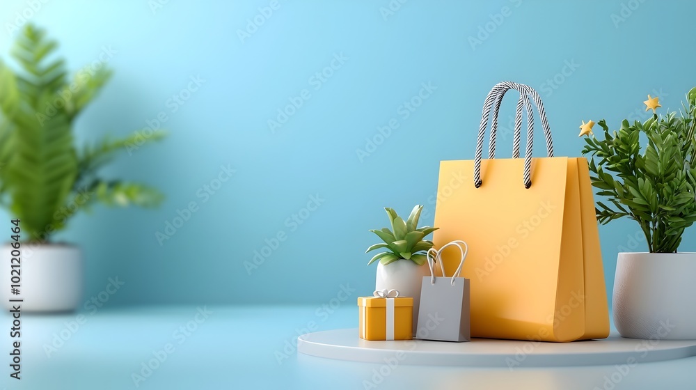 Fototapete Conceptual 3D image showcasing a vibrant and futuristic digital retail experience with floating e commerce icons minimalist UI elements and a modern clean atmosphere