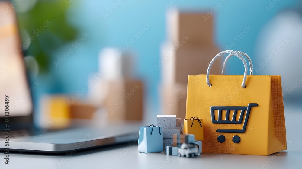 Poster Conceptual 3D image depicting a futuristic e commerce platform with floating digital retail icons minimalist UI elements and vibrant gradient backdrops
