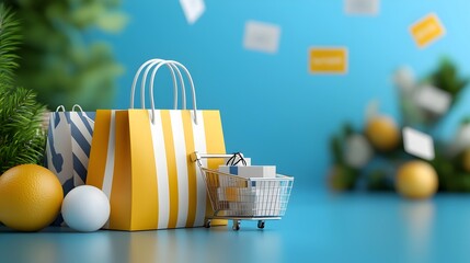 Conceptual 3D image depicting a vibrant futuristic digital retail atmosphere with floating e commerce icons minimalist UI elements and clean modern backdrops